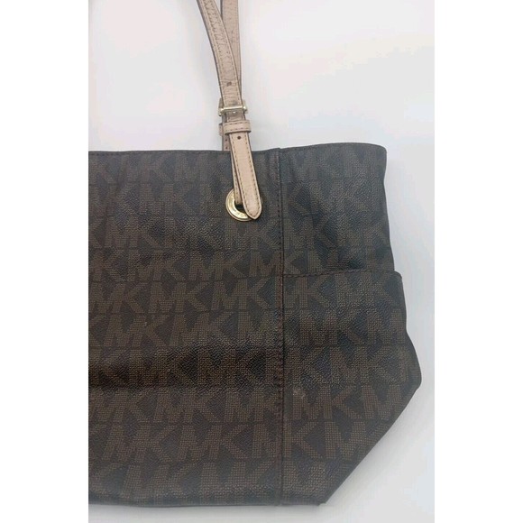 Michael Kors Jet Set MK Logo Brown Leather Tote Bag Purse - Picture 4 of 10